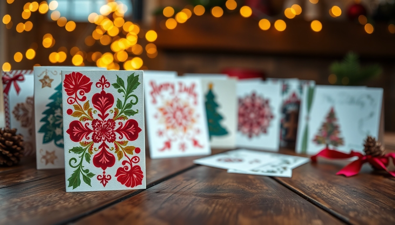 Highlighting A5 Xmas cards with vibrant designs on a rustic table, evoking festive cheer.
