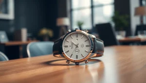 Herren Armbanduhr, elegant auf einem Holztisch präsentiert, mit edlem Design und weichem Licht.