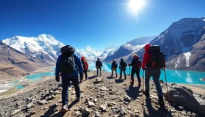Embark on the Everest Base Camp via Gokyo Lakes Trek with a group navigating stunning Himalayan landscapes.