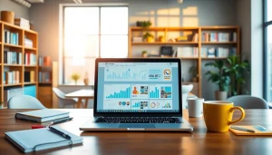 Showcase of an AI content marketing platform in a vibrant digital marketing workspace.