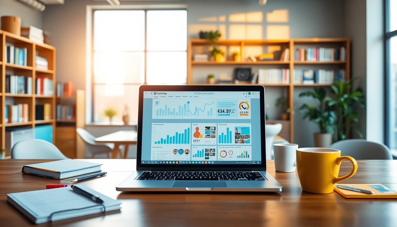 Showcase of an AI content marketing platform in a vibrant digital marketing workspace.