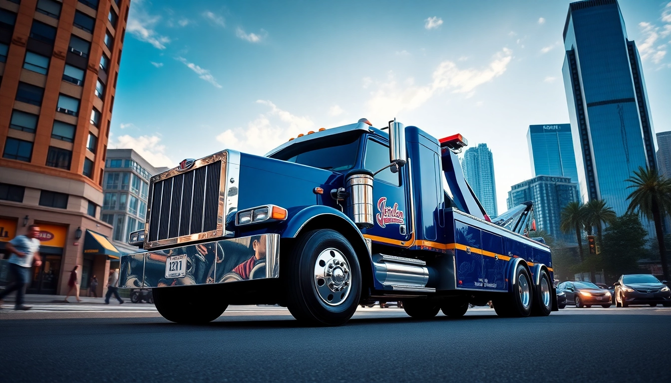 Highlighting Jerr Dan tow truck performing efficiently in an urban setting with dramatic lighting.