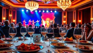 Experience dinner shows vegas with a vibrant performance and an elegant dining setup.