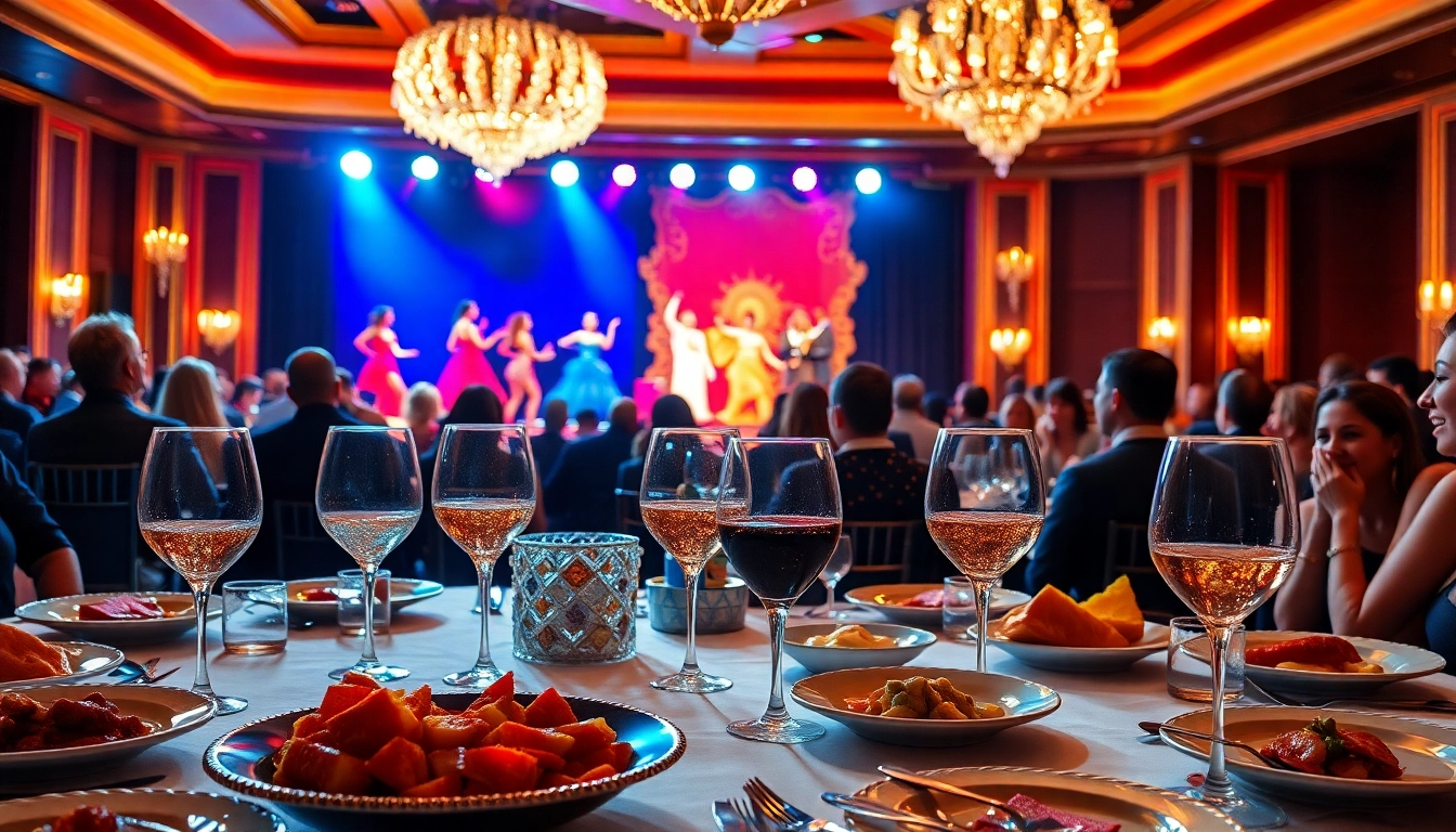 Experience dinner shows vegas with a vibrant performance and an elegant dining setup.
