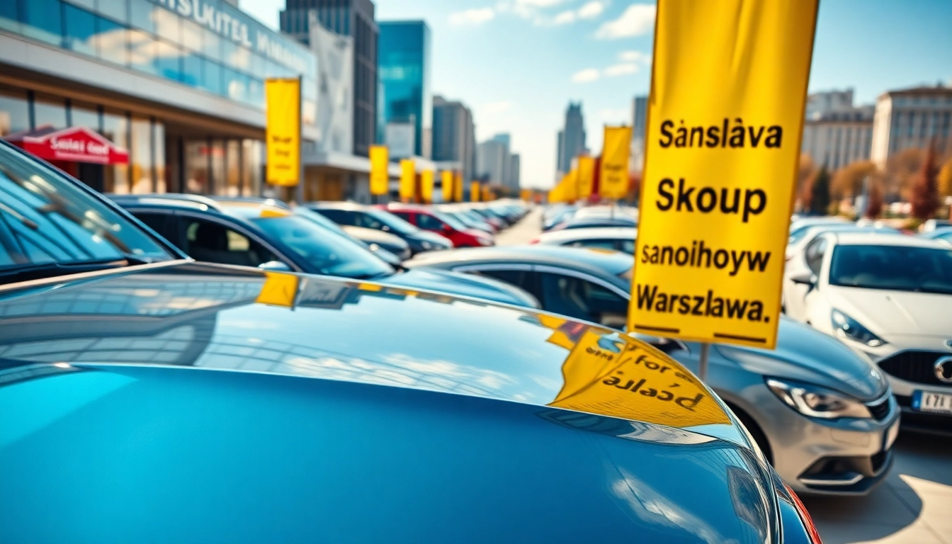 Skup samochodów Warszawa na kolorowym tle z pojazdami na sprzedaż.