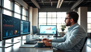 Analyze competitive intelligence data in a sophisticated office environment.