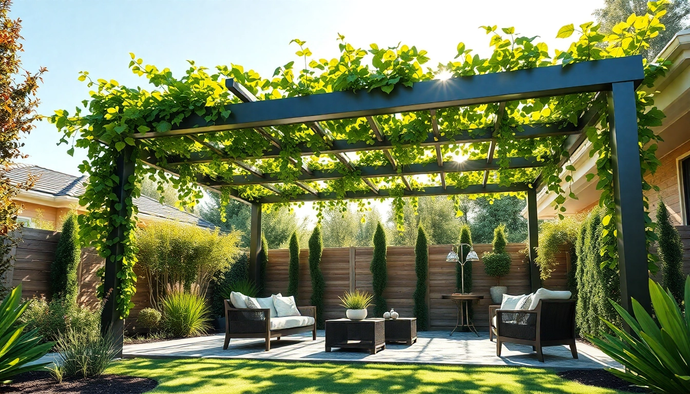 Elegant modern steel pergola surrounded by lush greenery and stylish outdoor furnishings.