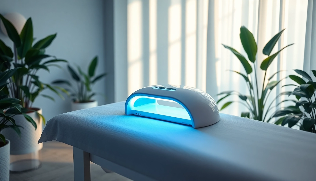 quasar md lighttherapy device glowing in a tranquil spa setting for relaxation.